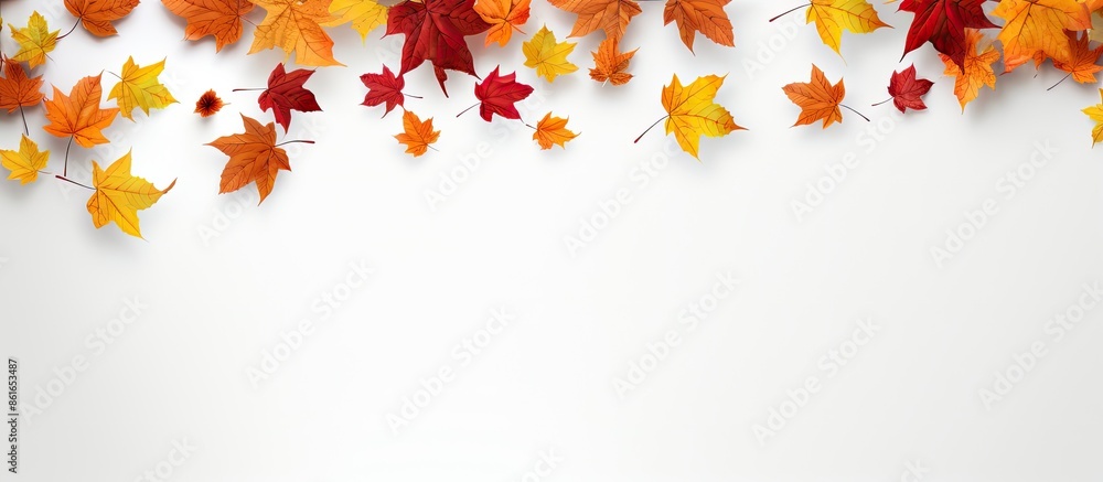 Leinwandbilder White background with falling leaves in autumn creating a copy space image for text.