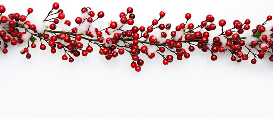 Christmas themed decorative fir twigs with red berries surrounding a central copy space image. Perfect for banners, isolated on a white background. Ideal for Christmas cards and winter decor.