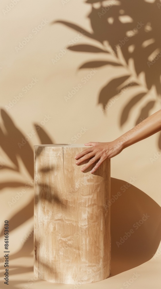 Poster minimalist product display delicate hands on raw textured wood podium against tan background with so