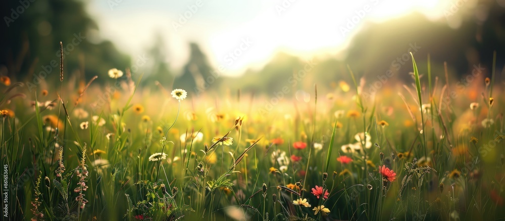 Poster sunny day in summer meadow showcasing close-up wildflowers, creating a beautiful rural landscape. id