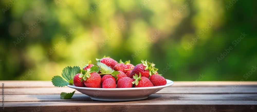 Poster fresh wild strawberry resting in a plate on a rustic wooden table outside, with ample copy space ima