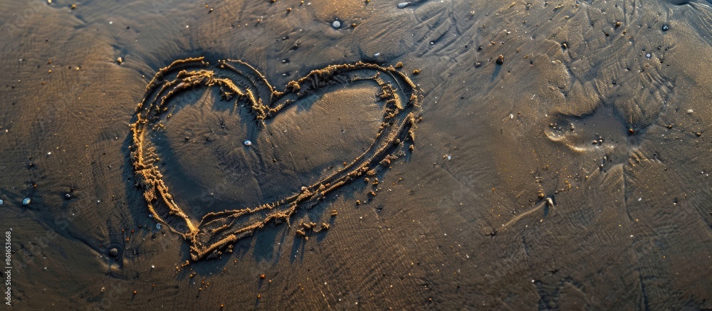 Aufkleber top view of a heart drawn in the sand on a beach background with copy space image.