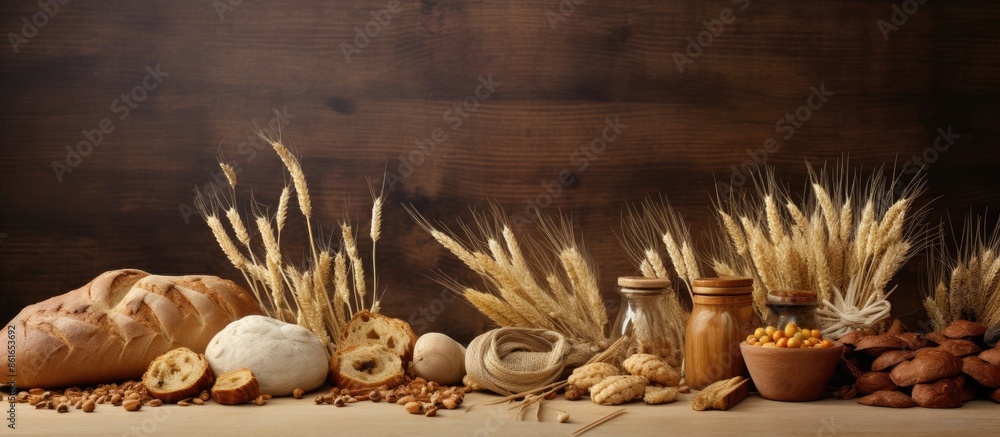 Poster a backdrop filled with home baking ingredients, embellished with wheat ears, offering space for addi