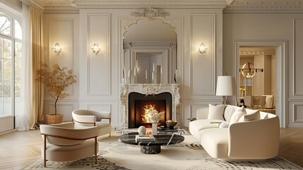Fireplace in a chic and elegant living room with stylish decor and cozy seating