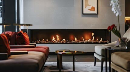 Fireplace in a modern and elegant living room with chic decor and comfortable seating