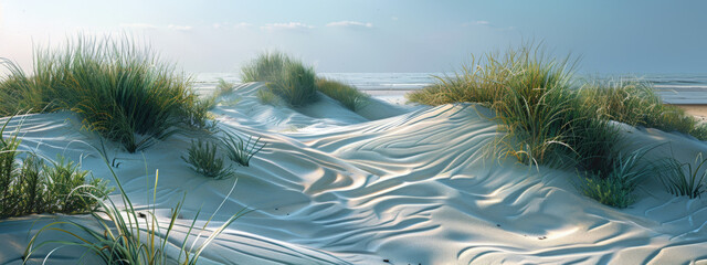 A tranquil coastal dune system, with shifting sands sculpted by the wind into delicate ripples and dunes, dotted with hardy beach grasses