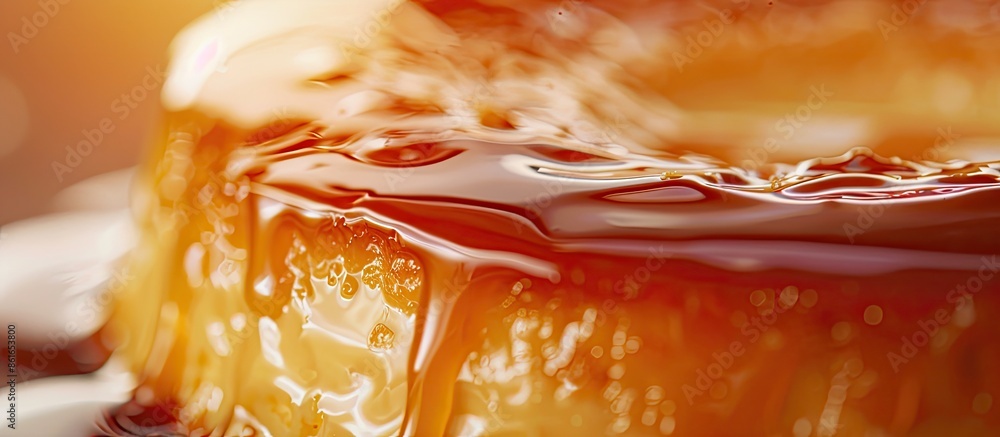 Poster a detailed image showing caramel topping a tasty flan cake, with ample copy space for text or graphi