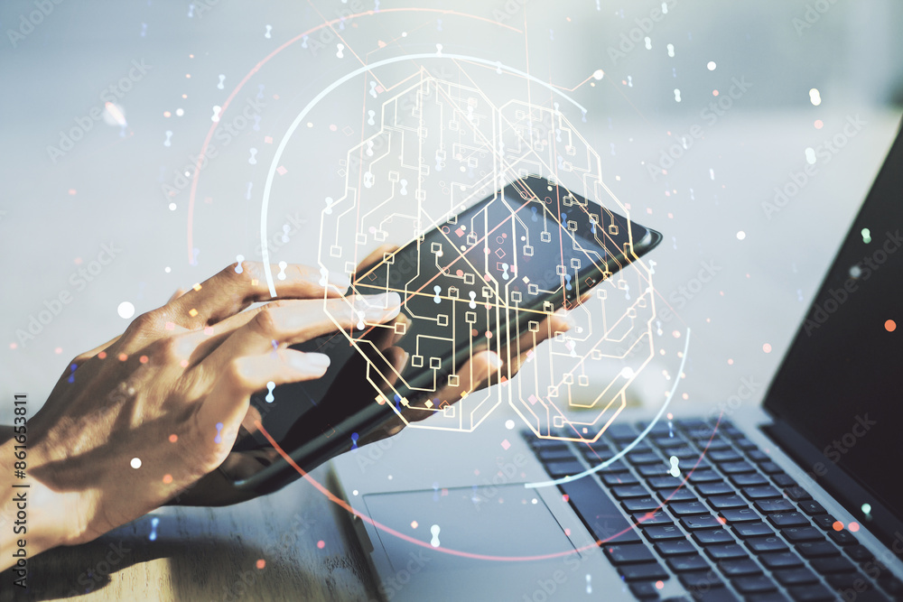 Poster creative artificial intelligence concept with human brain hologram and finger clicks on a digital ta
