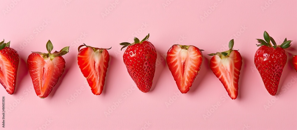 Aufkleber An arrangement of red strawberry slices laid out neatly on a pink background with an empty space for text or graphics, suitable for use as a banner. with copy space image
