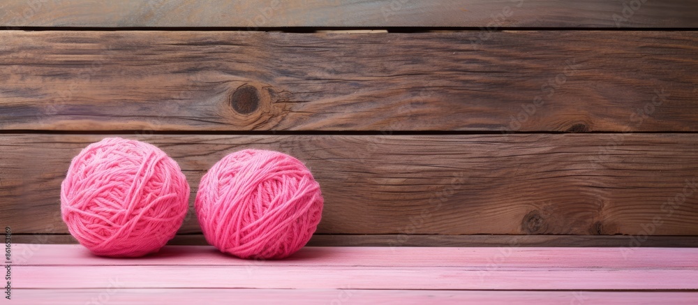 Poster Pink yarn balls displayed on weathered wood with space for text or image. with copy space image. Place for adding text or design