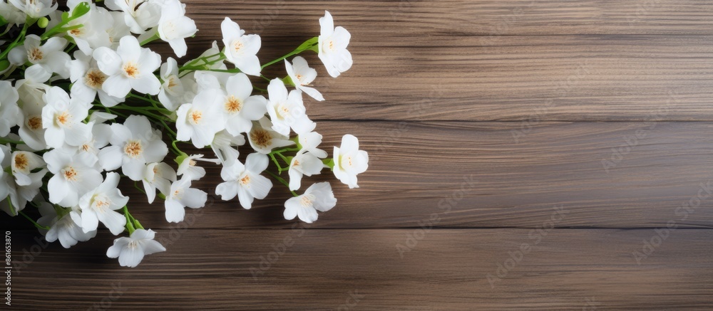 Poster wooden surface with white flowers arranged for use as a background in a copy space image.