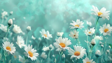 Design a template showcasing a garden of daisies, with significant copy space and professional color schemes.