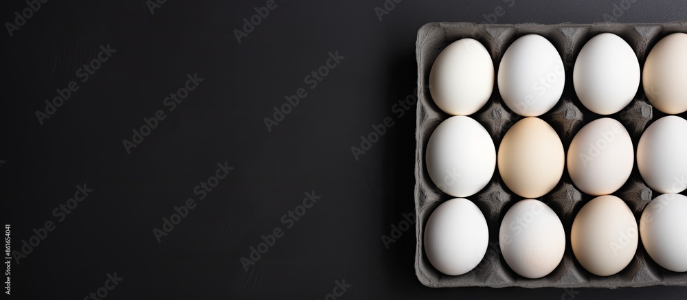 Fototapete Top view of white chicken eggs displayed in black cardboard boxes on a white background with ample creative copy space image provided.
