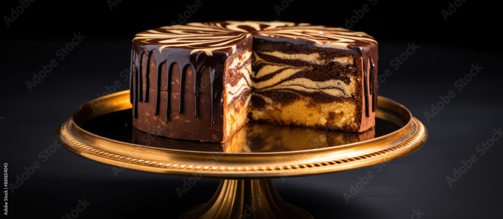 Aufkleber Zebra Pie or Marble cake displayed on a white cake stand with a striking contrast of chocolate and vanilla layers. Ideal for showcasing with ample copy space image.