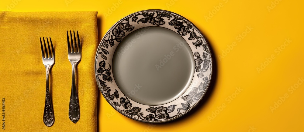 Aufkleber top view of a table place setting featuring bright yellow tones, a gray linen napkin with intricate 