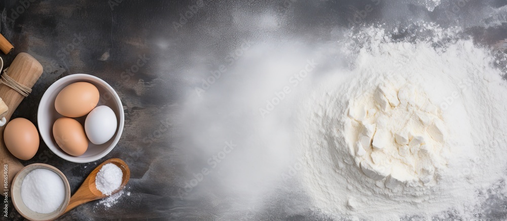 Aufkleber a baking scene featuring a spoon, flour, eggs, butter, salt, and a rolling pin on a grey backdrop cr