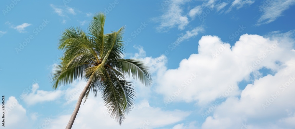 Poster a serene scene featuring a coconut palm tree set against a cloud-filled blue sky, creating a picture
