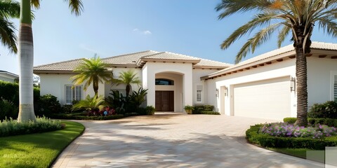 Rural Home in Southwest Florida Concrete Block Stucco with Palm Trees and Tropical Flowers. Concept Florida Home, Rural Living, Concrete Block, Stucco, Palm Trees