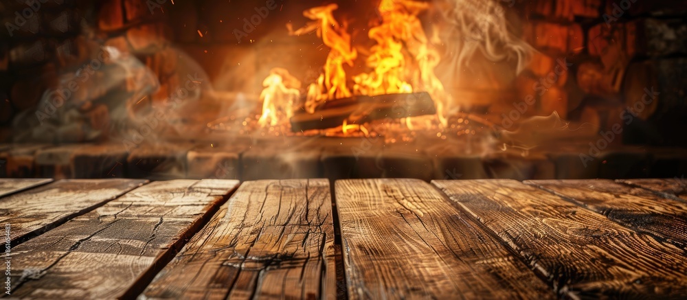 Leinwandbilder Old wooden table and fireplace with warm fire on the background. with copy space image. Place for adding text or design