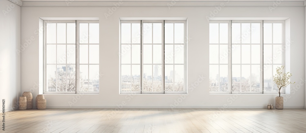 Poster Renovated apartment featuring large windows and glass walls connecting empty rooms with white walls and floors, ideal for a copy space image.