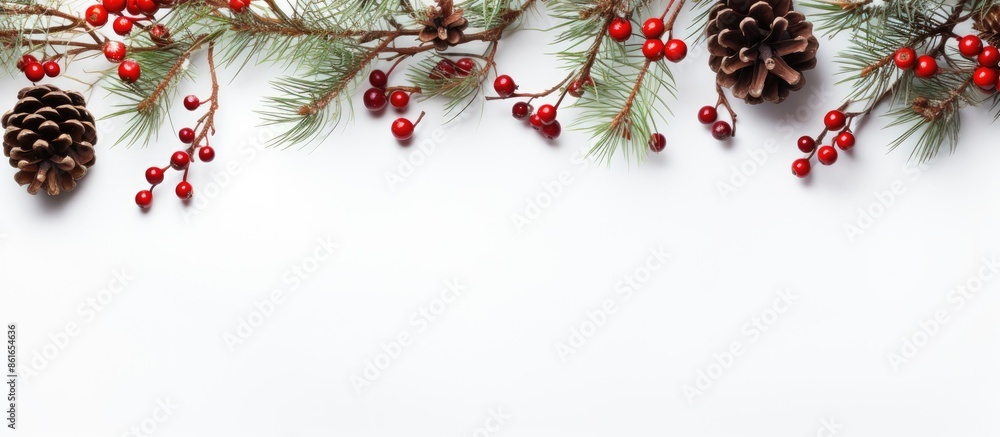 Poster White background with copy space image featuring a Christmas border of tree branches, red berries, and pine cones.