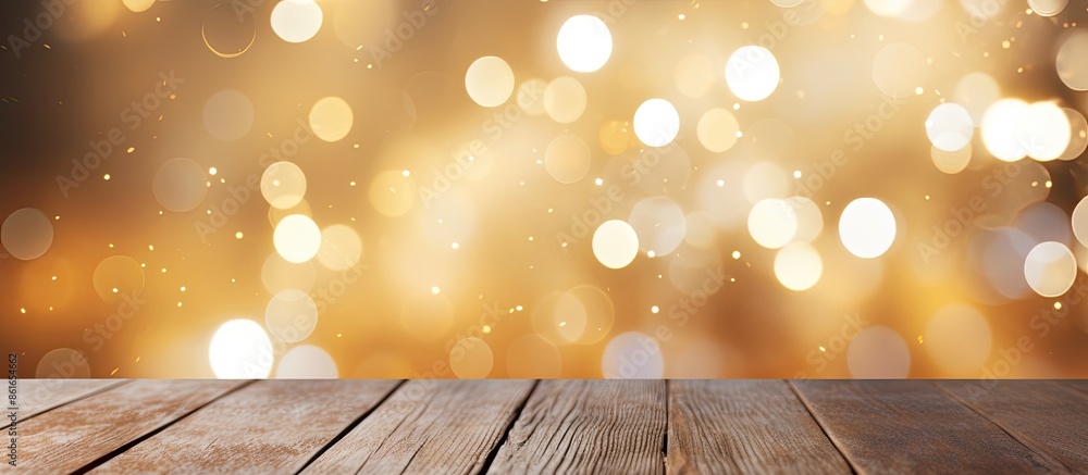 Poster abstract golden bokeh backdrop with a white textured wooden surface providing ample copy space image