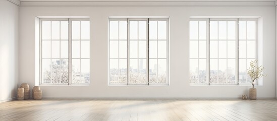 Fototapeta premium Renovated apartment featuring large windows and glass walls connecting empty rooms with white walls and floors, ideal for a copy space image.