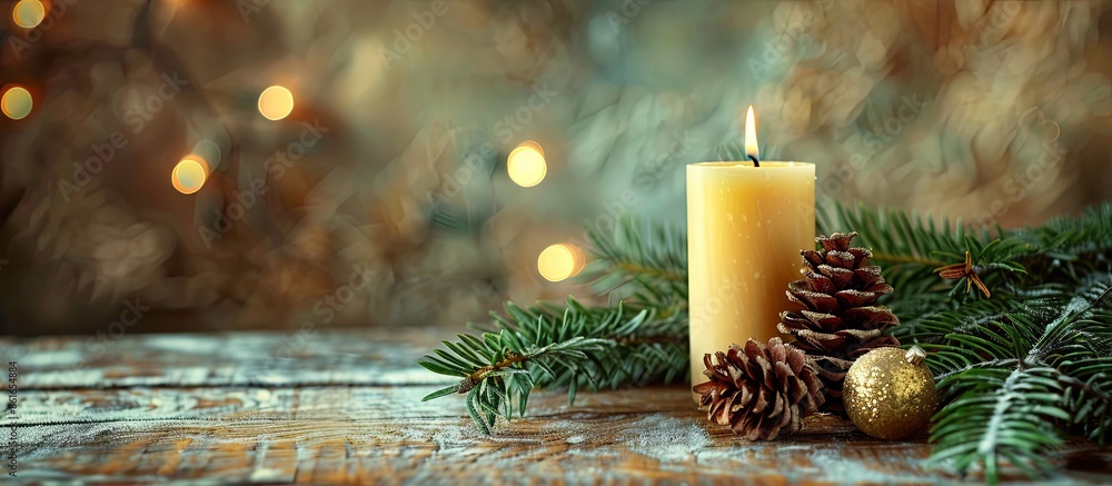 Poster festive christmas decorations featuring a candle, fir branches, pine cones, presented on a rustic wo