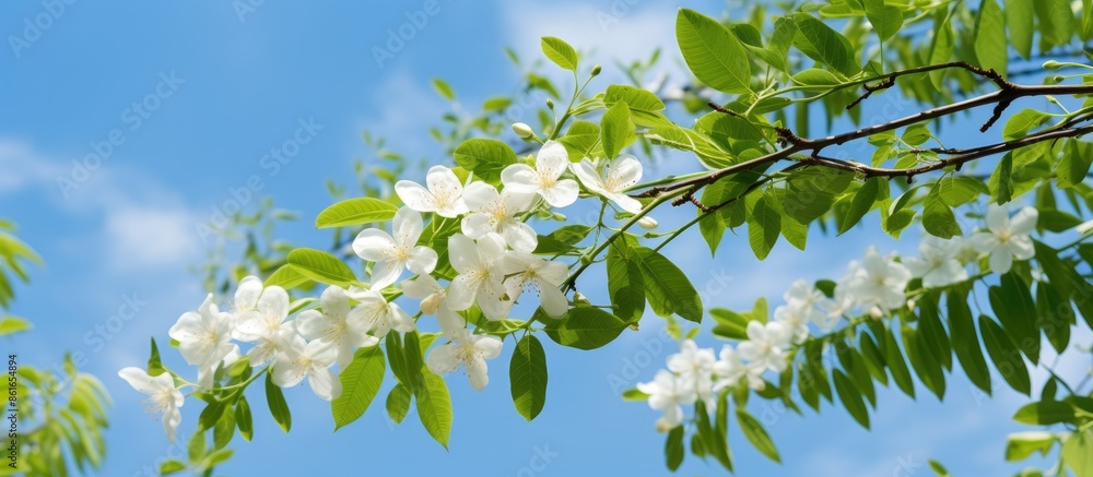 Aufkleber Chinaberry tree's (Melia azedarach) leaves and flowers in spring against a blue sky backdrop, with a clear area for text in the image. . with copy space image. Place for adding text or design