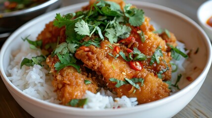 Hainanese chicken rice with crispy fried chicken, garnished with fresh cilantro and chili sauce