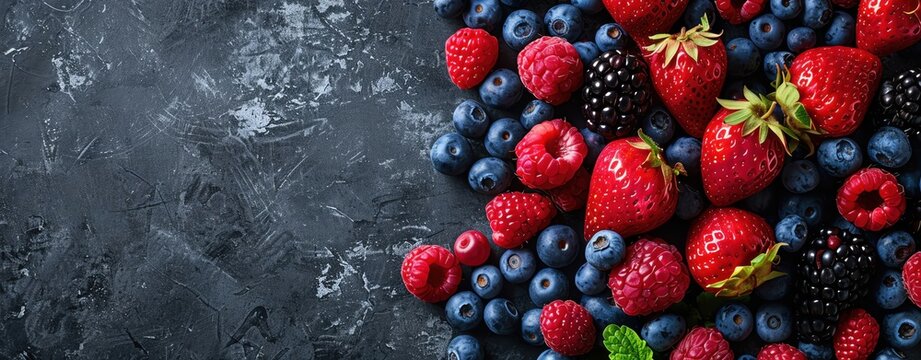 Develop a template featuring an assortment of fresh berries, leaving ample room for copy, with a professional design approach.