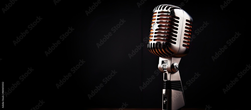 Poster closeup of a contemporary microphone against a dark backdrop with copy space image.