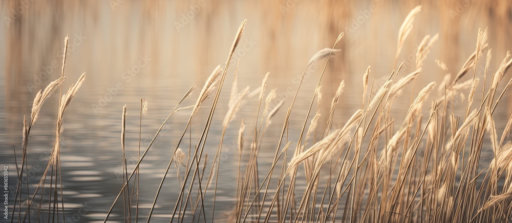 Aufkleber texture of dry reeds and ice on a lake, captured in a close-up copy space image.
