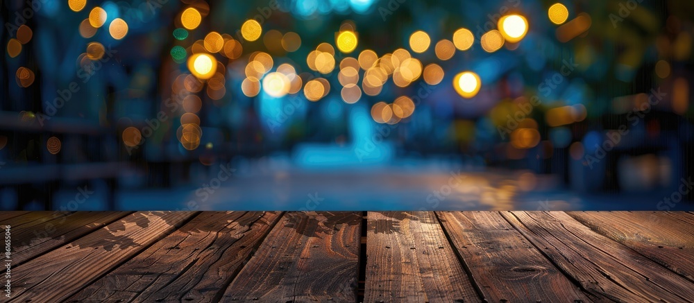 Poster Close Up wood table with blur background. with copy space image. Place for adding text or design