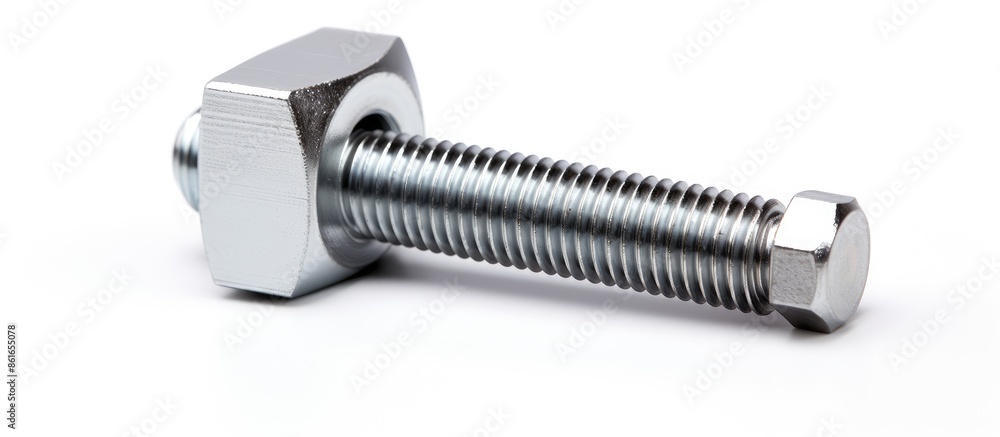 Poster a close-up image of a silver bolt and nut isolated on a white background with copy space.