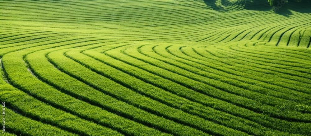 Fototapete tractor tracks creating a pattern on a lush green field, providing ample copy space image.