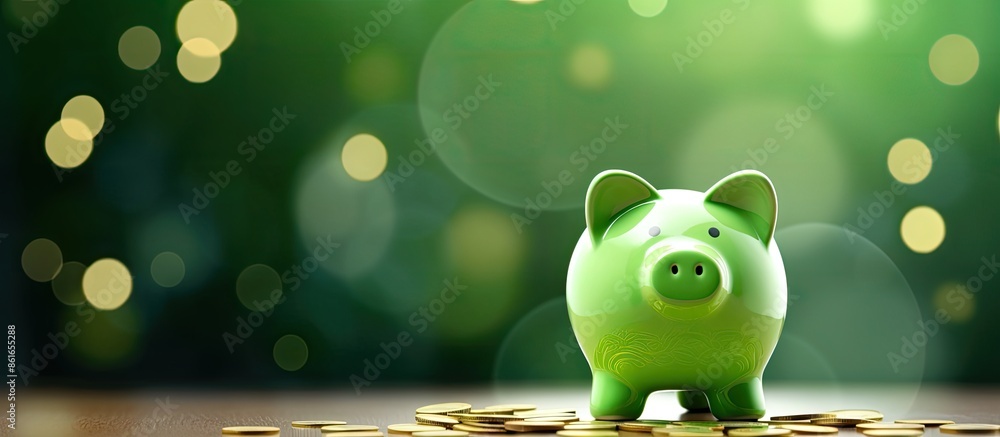 Aufkleber green bokeh background with a piggy bank filled with coins, ideal for a banner, starring a copy spac