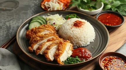 Hainanese chicken rice with crispy fried chicken, served with a side of chili sauce