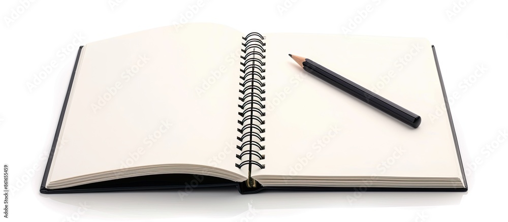 Poster isolated on a white background is a blank notebook with a pen, pencil, and ample copy space image.