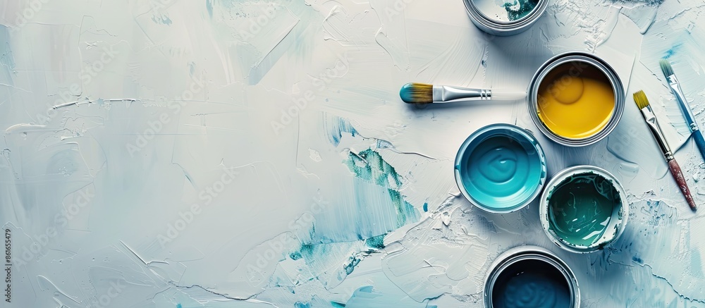 Poster Cans of paints and tools on light background. with copy space image. Place for adding text or design