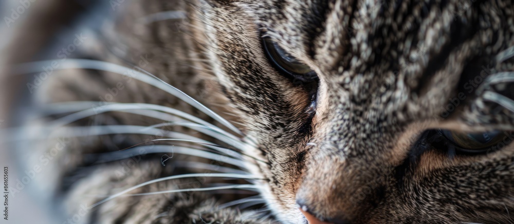 Poster a charming tabby cat, looking down peacefully in a close-up portrait with available copy space image