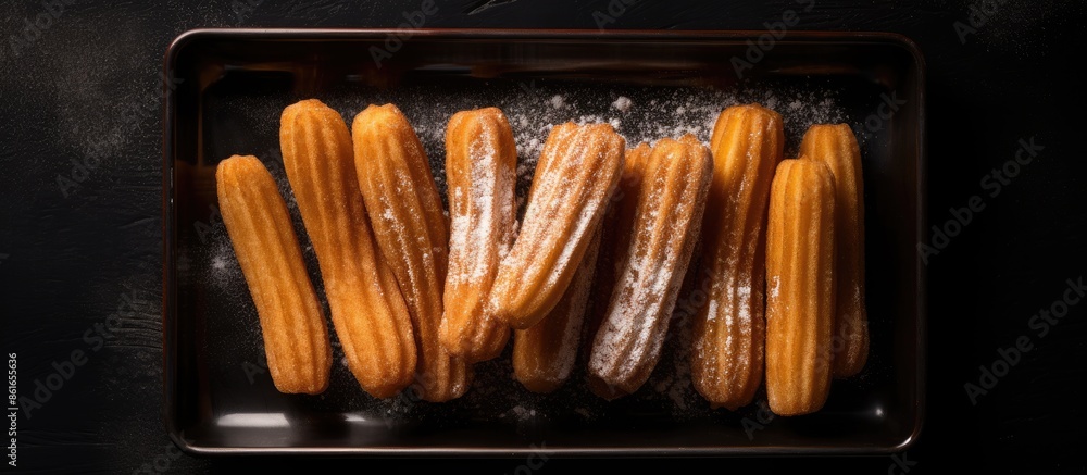Aufkleber top view flat lay of churros dusted with sugar powder in a paper tray placed on a black background, 