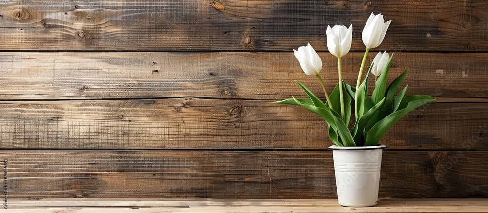 Aufkleber Two white tulips in the pot on wooden table. with copy space image. Place for adding text or design
