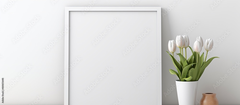 Poster white wall with a vertical empty frame mockup featuring a flower pot, providing a blank canvas for a