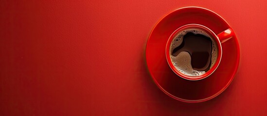Red cup of coffee on a monochrome background creates a vibrant visual with space for text, perfect for designing with a copy space image.