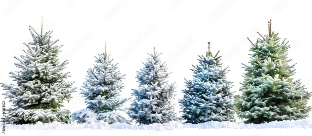 Poster Christmas Tree collage. Christmas Tree in snow isolated over white background. Copy space image. Place for adding text or design