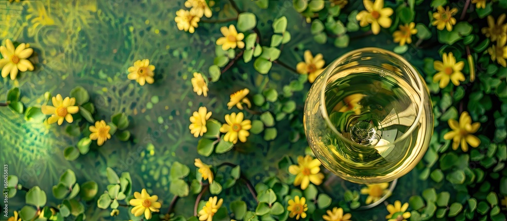 Poster top view of a wine glass surrounded by small yellow flowers on a green background with ample copy sp