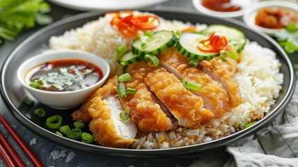 Fototapeta premium Hearty plate of Hainanese chicken rice with crispy fried chicken, oily rice, and chili sauce