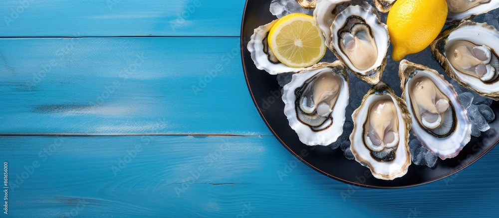 Poster A top view of a plate of fresh opened oysters with ice and lemon on a blue background in a restaurant setting, creating a gourmet dish with copy space image.