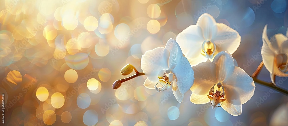 Poster close-up of a stunning white phalaenopsis orchid flower with a bokeh background, also called moth or